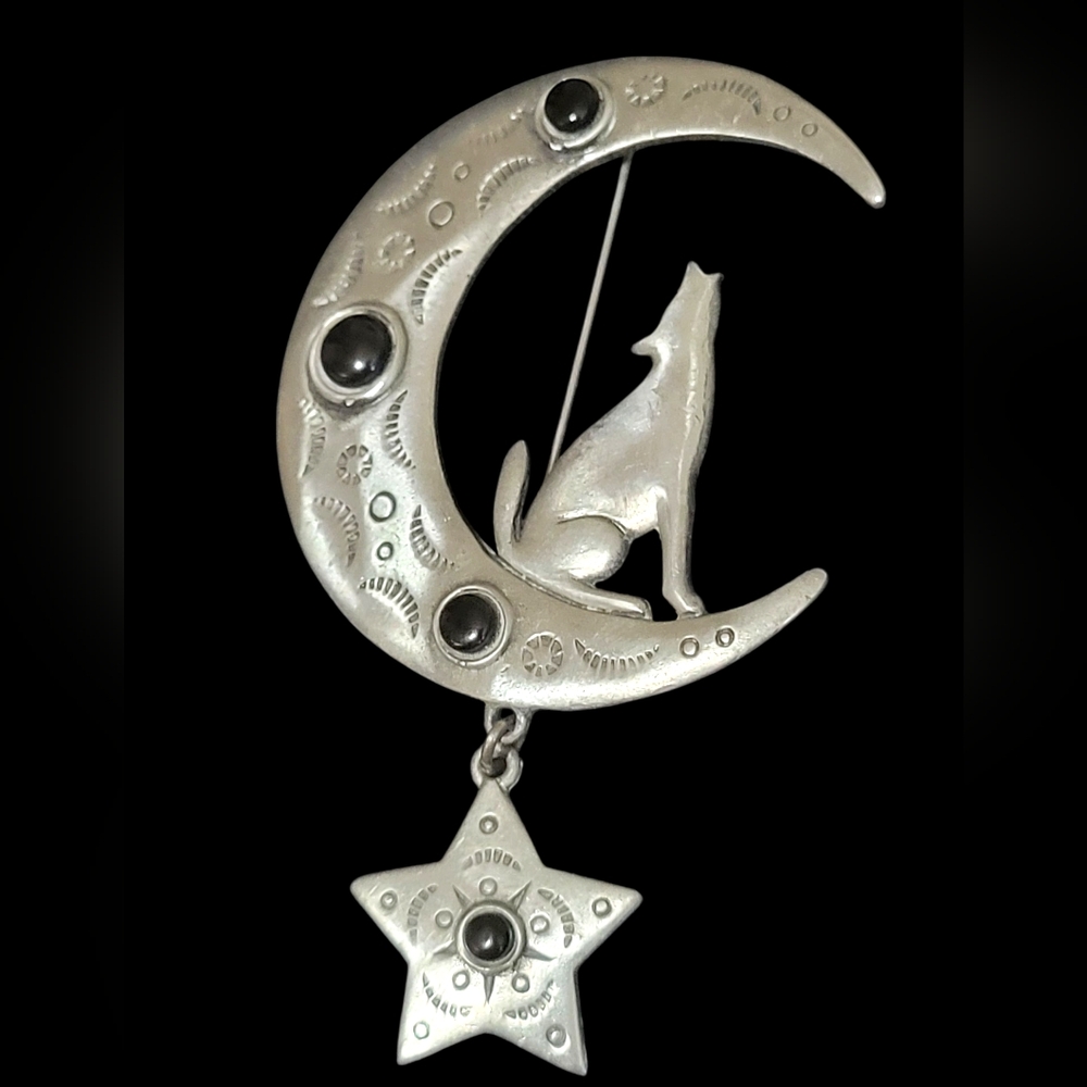 Vintage America Silver Wolf and Moon Brooch